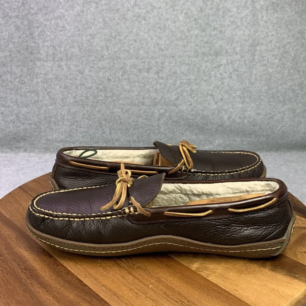 L.L. Bean Shoes Mens 11 Brown Leather Moccasin Fleece Lined Slippers Boat Preppy